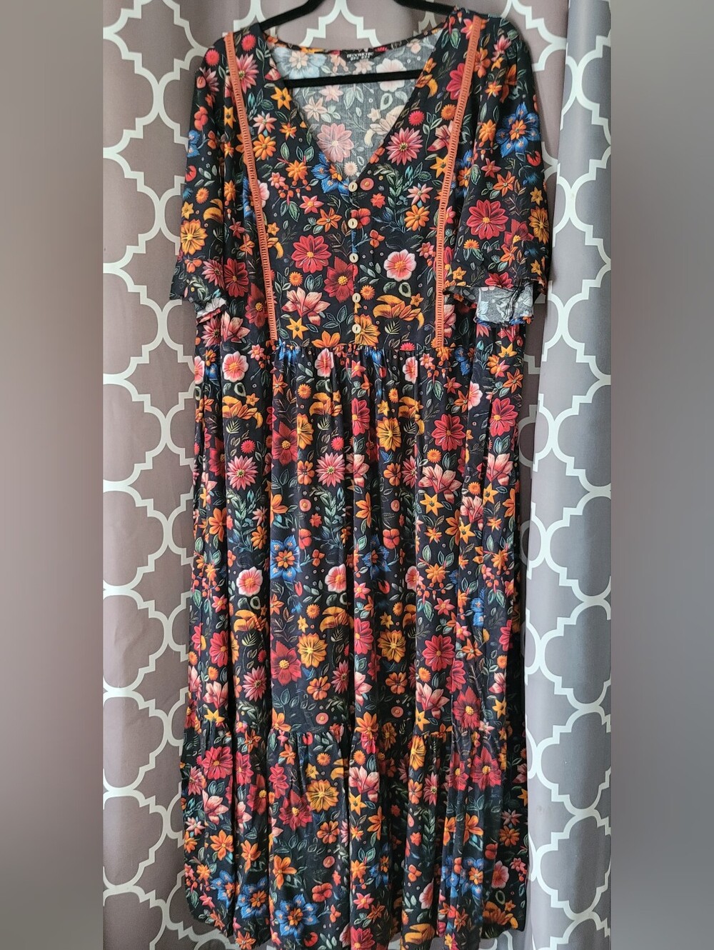 BloomChic- Size 22/24 Black Floral Tiered Dress with Pink, Orange & Blue Flowers